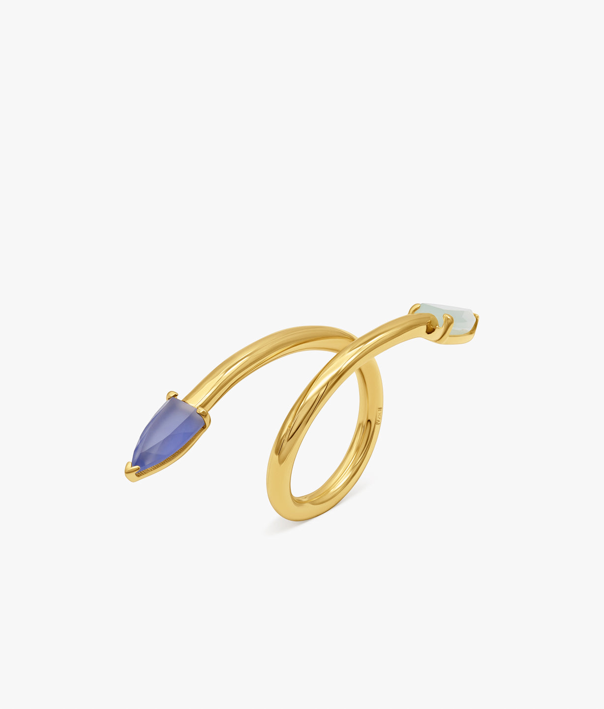 "Half Cut" Long Gold-Plated Tubular Ring  with Multicolor Gemstones