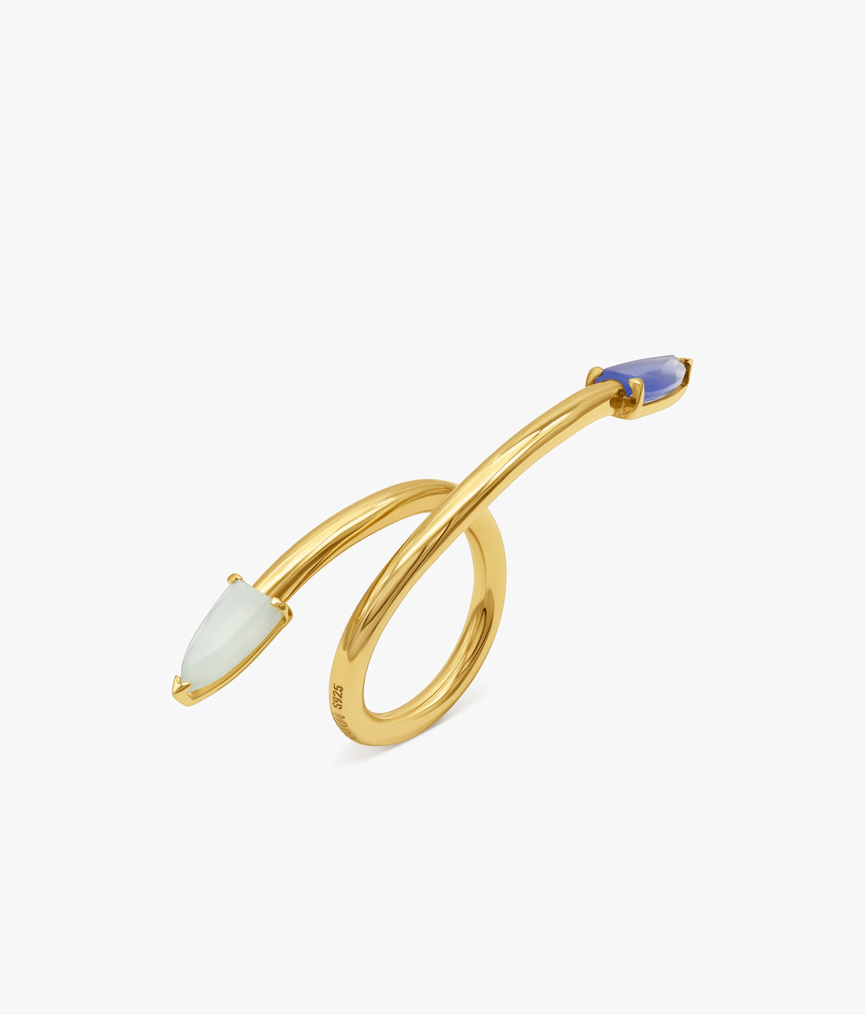 "Half Cut" Long Gold-Plated Tubular Ring  with Multicolor Gemstones