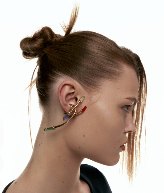 "Half Cut" Gold-Plated  Tubular Earcuff with Multicolor Gemstones